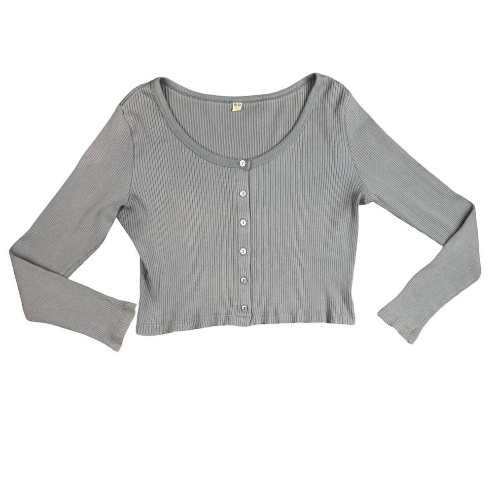 Uniqlo Women's Pewter Ribbed Long Sleeve Buttoned Crop-Top